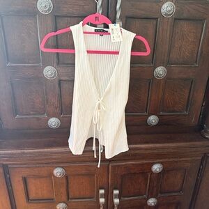 Blue Blush Cream Ribbed Tie-Front Tank Top